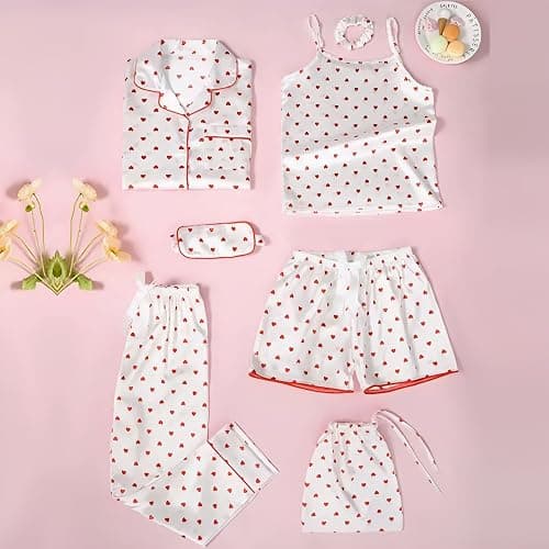 Jamron Mädchen 7PCS Satin Pyjama Set Frühling Sommer Herbst Tops & Kurze Hose Nachtwäsche thumbnail 3