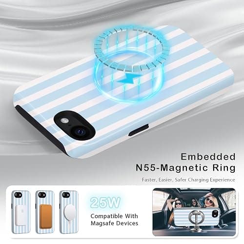 Amzfield Compatible with iPhone 16e/17e Case Compatible with Magsafe Striped Aesthetic Magnetic Women Girls Chic Girly Dual Layer Hybrid Protection Case for iPhone 16e for iPhone 17e, Blue thumbnail 4