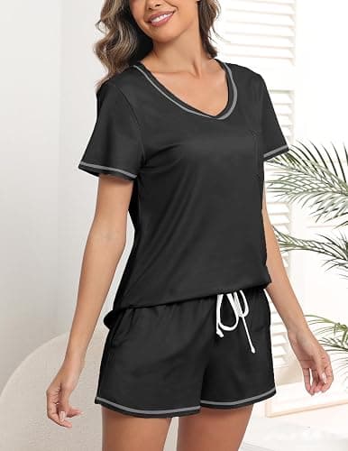 Ekouaer Women's Pajamas Sets Short Sleeve Lounge Sets Sleepwear Casual Two Piece Pjs With Pockets thumbnail 3