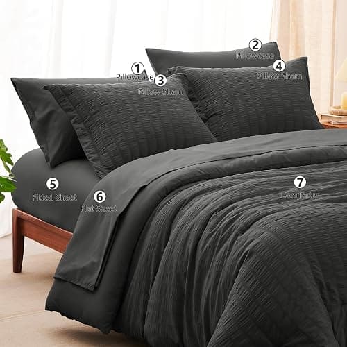 CozyLux Full Size Comforter Sets with Sheets Seersucker 7 Pieces Dark Grey Bed in a Bag Textured Luxury Soft Bedding Set with Down Alternative Comforter, Sheets, Pillowcases & Shams for All Seasons thumbnail 2