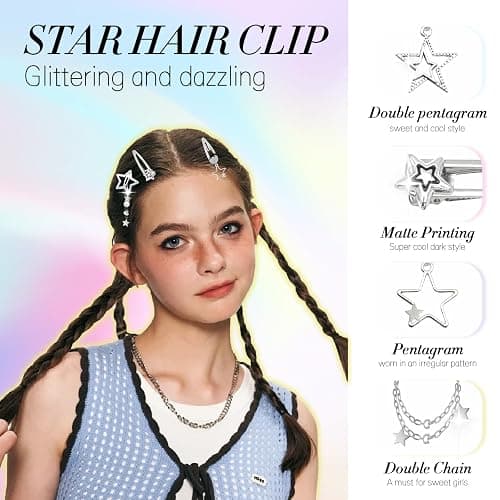 10PCS Star Hair Clips Set, Y2K Silver Metal Snap Barrettes for Women Girls, 8 Shapes Kawaii Hair Accessories, Punk Grunge 2000s Vintage Style thumbnail 2