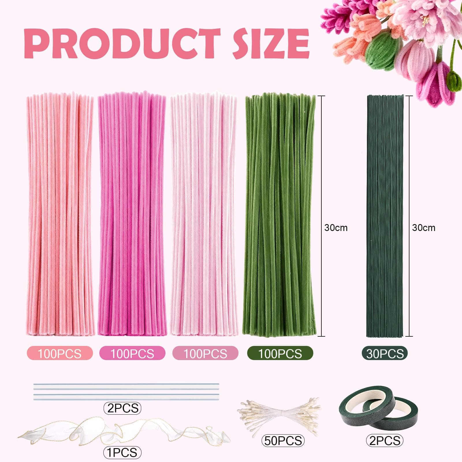 LEMESO Pipe Cleaners Flower Kit, Pink, 400 Pcs Chenille Stems thumbnail 2
