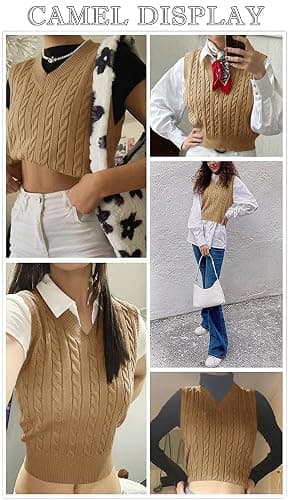 Lailezou Women's V-Neck Knit Sweater Vest Solid Color Argyle Plaid Preppy Style Sleeveless Crop Knit Vest thumbnail 3