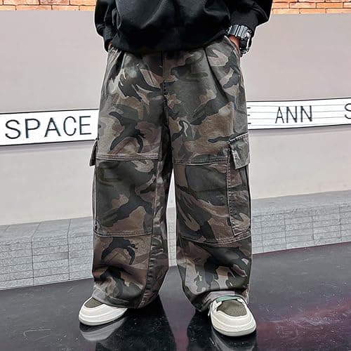 Baggy Pants Kids Camo Camouflage Wide Leg Streetwear Uncuffed Boys Loose Fit Cargo Elastic Waist with Multi Pockets Boys thumbnail 2