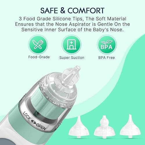 Electric Nasal Aspirator for Baby, Nose Aspirator for Toddlers, Waterproof Baby Nose Sucker, Nose Cleaner with 3 Silicone Tips, Adjustable Suction Level, Music and Light Soothing Function,Green thumbnail 8