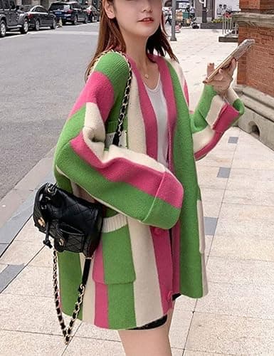 Unilexi Womens Loose Long Sleeve Rainbow Striped Cardigans Sweater Boho Color Block Chunky Knitted Tops thumbnail 2