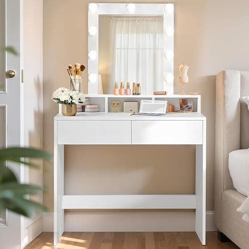 VASAGLE Dressing Table, LED Lights with Adjustable Brightness, Vanity Table with Mirror, 2 Drawers and 3 Compartments, Makeup Desk, Modern, KAILYN Collection Cloud White RDT194T14 - Image 1
