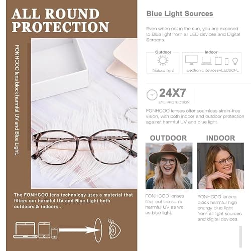 FONHCOO Blue Light Blocking Glasses Women Men Computer Eyeglasses,TR90 Fashion Round Transparent Anti Blue Light Glasses with Anti Eyestrain & UV Glare for Gaming & Reading (Tortoise) thumbnail 2
