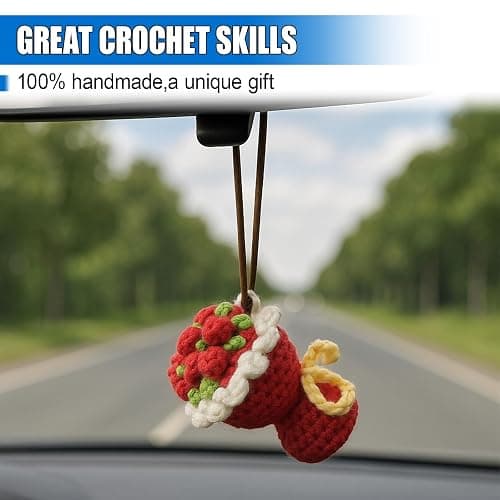 Handmade Flower Car Rear View Mirror Accessory, Crochet Rose Car Mirror Pendant Charm, Auto Hanging Ornament, Vehicle Interior Decoration for Women Present (Red) thumbnail 3