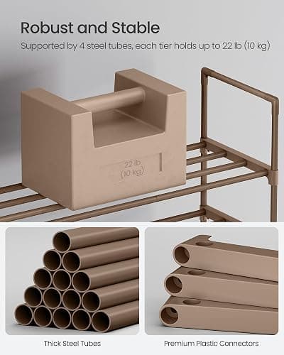 SONGMICS Shoe Rack, 3-Tier Shoe Organizer, Metal Storage Shelf | for Entryway, Upright or Upside Down, for 16-20 Pairs, Stackable, 11.8 x 36.2 x 21.7 Inches, Walnut Brown ULSA303K01 thumbnail 7