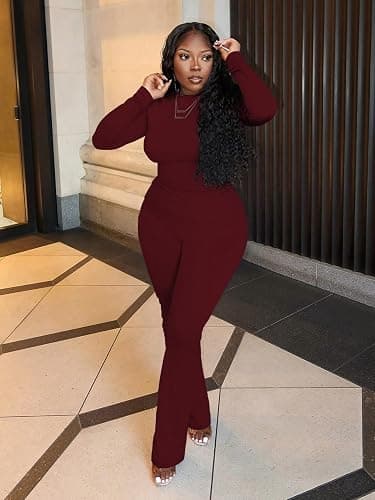 Women's 2 Piece Lounge Sets Crop High Wasit Foldover Flare Leggings Pants Casual Workout Outfits Tracksuit thumbnail 2