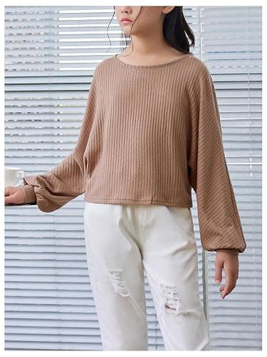 SweatyRocks Girl's Long Sleeve Ribbed T Shirt Round Neck Loose Pullover Tops thumbnail 3