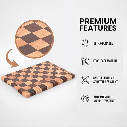 Large Wood Cutting Board-"16.5x11.6”100% Organic Acacia Wood Cutting Board, Checkered Wooden Cutting Board for Kitchen, End Grain Butcher Block with Deep Juice Groove, Built-In Handle & Non-Slip Pads thumbnail 4