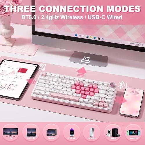 YUNZII B75 PRO Wireless Mechanical Keyboard,75% Gaming Keyboard Gasket Hot Swap Custom Keyboard with Knob,Pre-lubed Switches RGB,Bluetooth/Type-C/2.4G (White Heart, Cocoa Cream V2 Switch) thumbnail 3