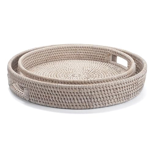 13.8 inch Round Rattan Tray, Decorative Coffee Table Tray, Ottoman Tray, Woven Serving Tray with Handles, Wicker Serving Basket, Whitewash thumbnail 10