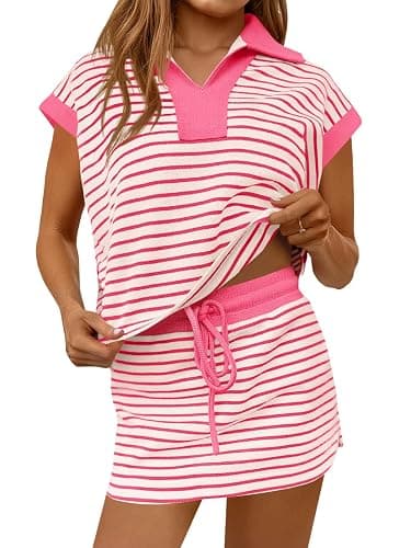 Fisoew Womens Striped 2 Piece Outfits Casual Sweatshirt Skirt Set | Short Sleeve, Skort, Workout Set, Matching Lounge Sets - Image 1