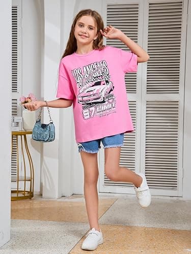 WDIRARA Girl's Car Letter Graphic Print Round Neck Short Sleeve Tee Summer Casual T Shirt thumbnail 6