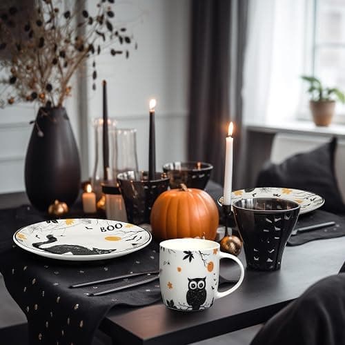 SiliFine 8 Pcs Vintage Halloween Ceramic Dinnerware Set 8 Inch Gothic Plates and 11 oz Mugs Halloween Haunted Owl Pumpkin Cat Dessert Plates and Mugs for Indoor Outdoor Party Kitchenware Gift thumbnail 5