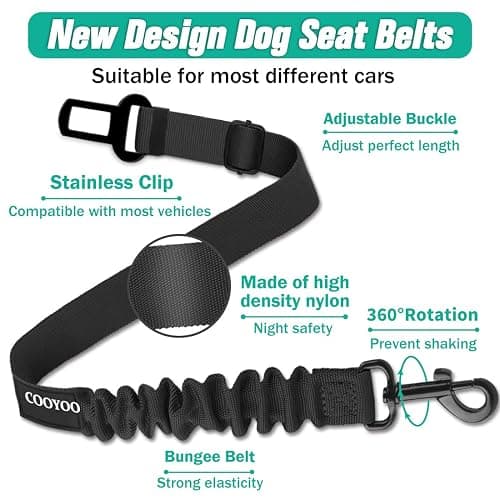 COOYOO Dog Seat Belt, Durability Retractable Dog Car Harness Adjustable Dog Seat Belt for Vehicle Nylon Pet Safety Seat Belts Heavy Duty & Elastic (1 Pack Black) thumbnail 2