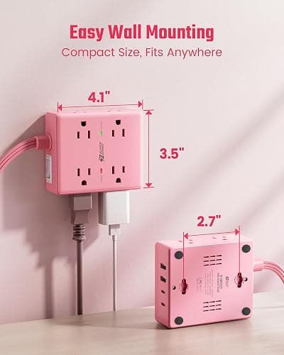 SUPERDANNY Pink Extension Cord 10Ft, Flat Plug Power Strip Surge Protector | 8 Outlets & 4 USB Ports (2 USB C), Cute Pink Stuff Room Decor, Home Office Kawaii Pink Cute Desk Accessories for Girls thumbnail 7