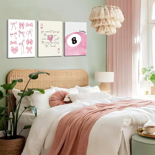 Trendy Pink Bows Canvas Wall Art Set of 3, Vintage Preppy Lucky 8 Ball Wall Decor, Pink Girly Room Aesthetic Posters Prints Painting for College Apartment Living Room Bedroom Framed 12x16 In thumbnail 7