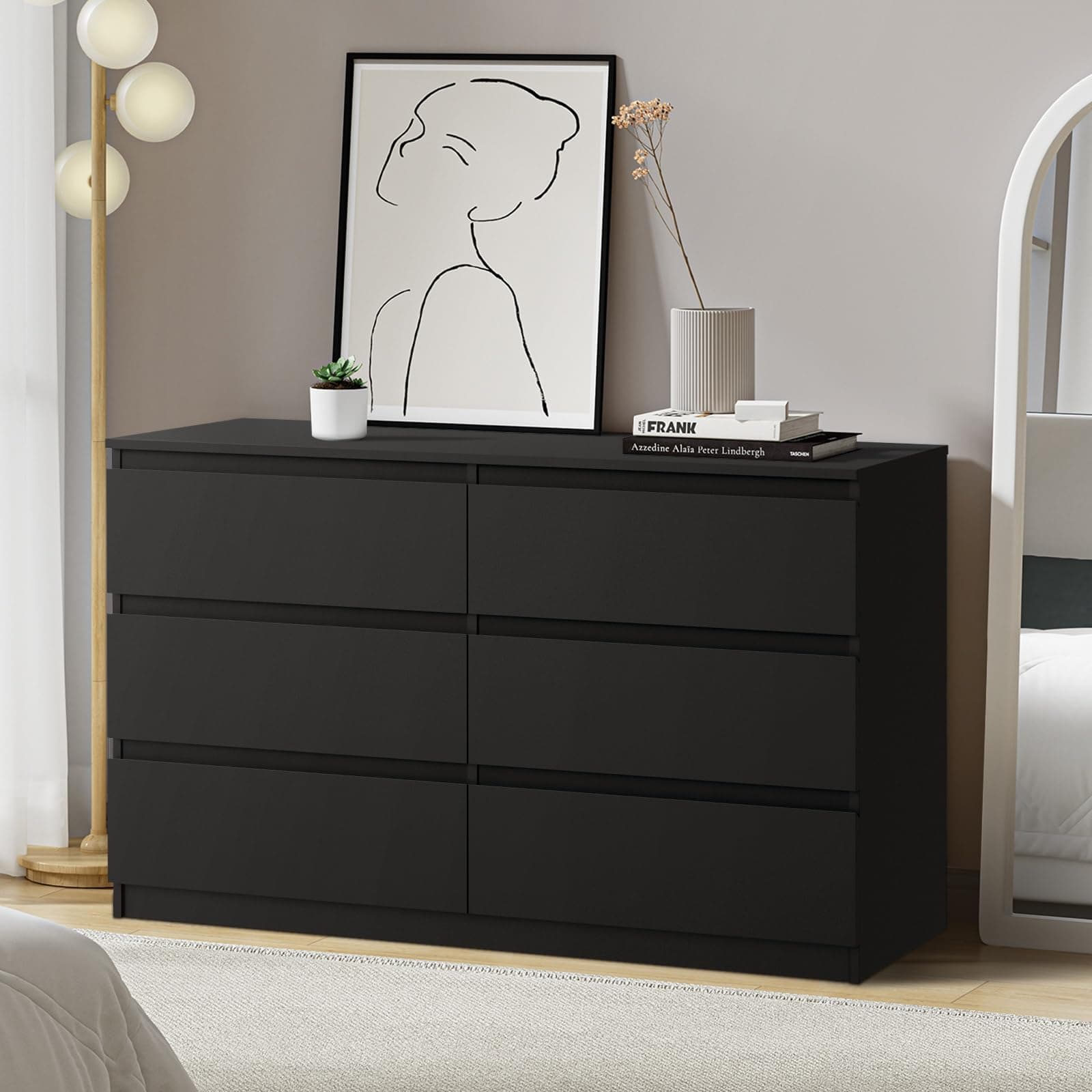 Oikiture 6 Drawer Black Dresser – Bedroom Storage Cabinet Chest | Versatile Spacious Sturdy - Image 1
