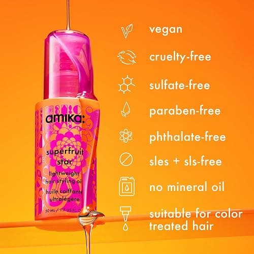 amika superfruit star lightweight hair styling + heat defense oil | heat protection, strengthen + reduce breakage, smooth frizz, add glossy shine | for all hair types thumbnail 12