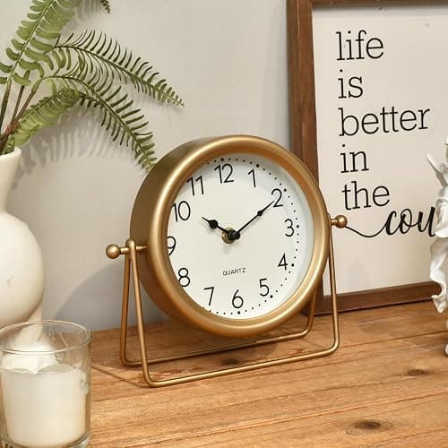 EMAX HOME Vintage Golden Table Clock - Elegant Battery Operated Office, Living Room, and Bedroom Clock with Minimalist Design Gold Table Decor 22x19.5x5.5cm thumbnail 3
