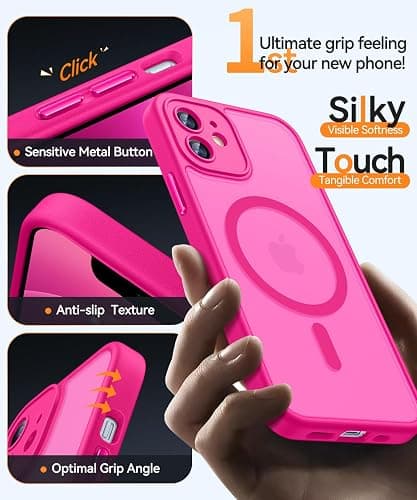 CANSHN Magnetic Compatible with iPhone 12 Case, Upgraded [Full Camera Protection] [Compatible with Magsafe] [Translucent Matte] Shockproof Protective Phone Case Cover 6.1 Inch - Hot Pink thumbnail 5