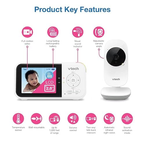 VTech Baby Monitor No WiFi – 19Hr Video Battery, 1000ft Range, Night Vision, Two-Way Talk, Temperature Sensor, Sound-Activated Screen, Lullabies | VM819 thumbnail 2