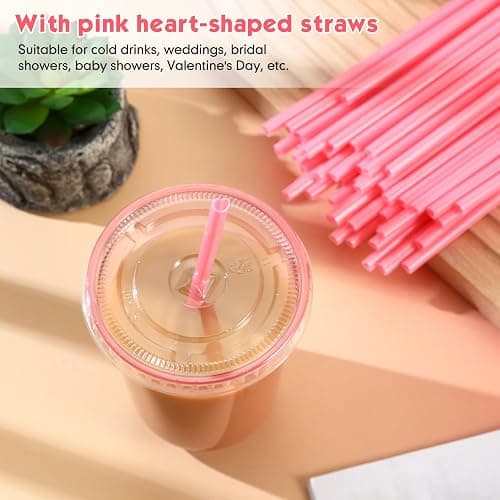 Ziliny 50 Sets Clear Plastic Cups with Heart Shaped Straws and Lids, Disposable Iced Coffee Cups Drinking Pet for Cold Drinks, Valentine's Galentine's Day Bridal Baby Showers Party (16 oz,Pink) thumbnail 5