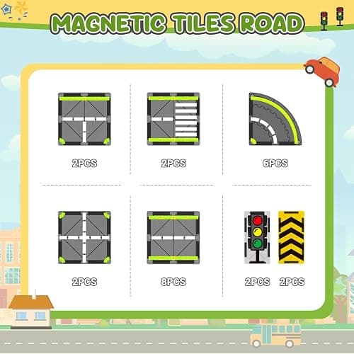 HarworLife Magnetic Tiles Road Set, Magnetic Building Blocks for Toddler Kids, Montessori Educational Magnet Toys for Kids Ages 3+Year Old, STEM Creative Toy for Christmas Birthday Gifts thumbnail 6