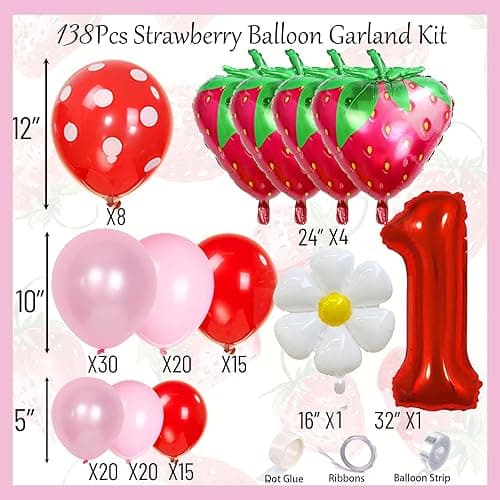 Strawberry Balloon Garland Berry First Birthday Party Decorations Pink Red Balloon Arch Ideal for Berry Sweet Themed Celebrations, Sweet Girl Baby Showers，Strawberry and Pastel Daisy Party Supplies thumbnail 2
