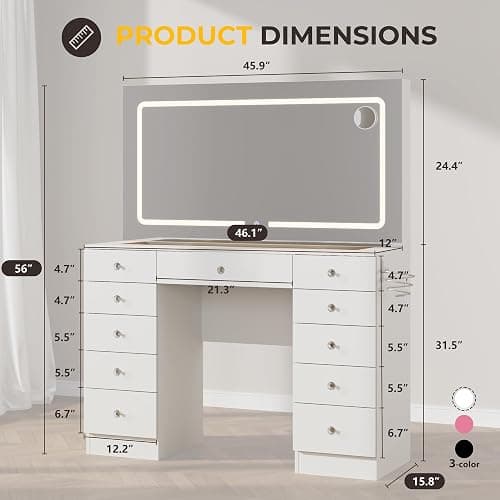 Otterease White Makeup Vanity, 11 Drawers Vanity Mirror with Lights, Makeup Vanity Desk with 3 Lighting Modes Adjustable Brightness, Vanity with Glass Top for Bedroom thumbnail 2