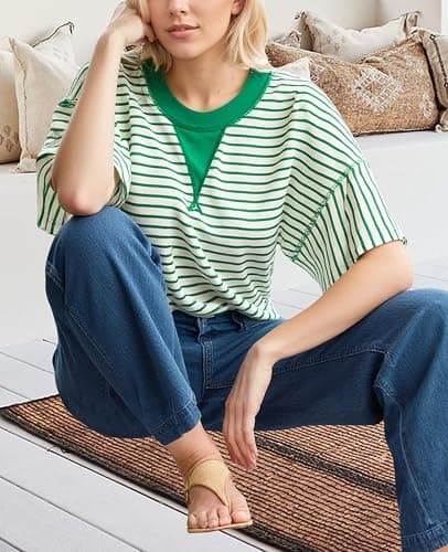 Women's Summer Striped Ruffle Short Sleeve Tops Contrast Color Block 2026 Round Neck Loose Fit Cute Casual Top Blouse thumbnail 3