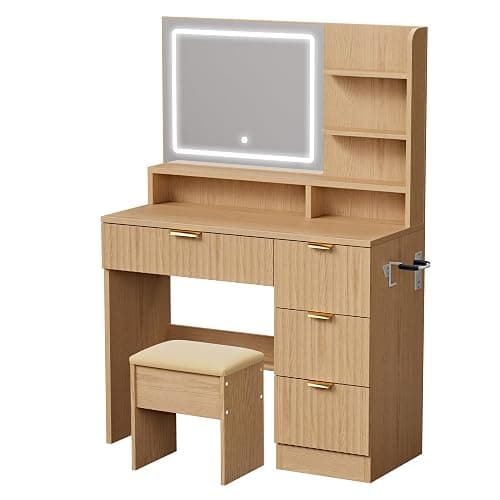 LIVELYGLOW 35.4" Wooden Makeup Vanity Set with Charging Station & Stool | Smart LED Mirror, Fluted Design, Cushioned Stool, Hairdryer Rack thumbnail 3