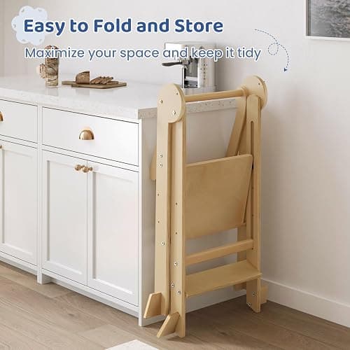 WeeGuruu Foldable Toddler Standing Tower, Height Adjustable Kitchen Tower with Safety Rails and Anti-Slip Device, Wooden Kids Kitchen Stool Helper for Ages 18 Months to 6 Years - Natural thumbnail 6