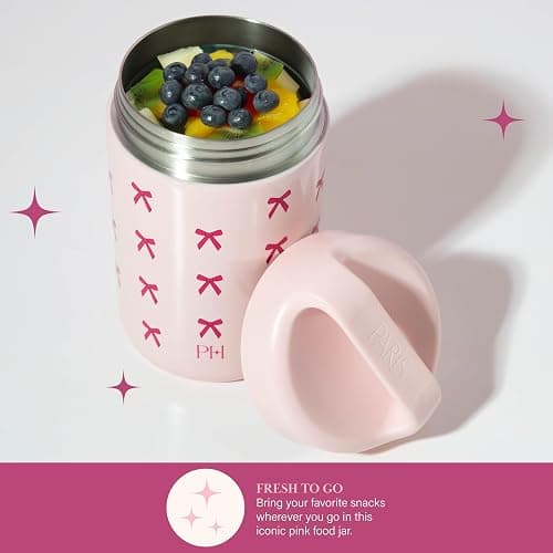 Paris Hilton Stainless Steel Food Jar, Double Wall Vacuum Sealed Insulated Food Storage Container with Carry Handle Lid, 16-Ounce, Pink with Bow Design thumbnail 5