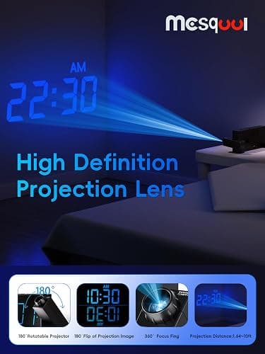 Digital Projection Alarm Clocks for Bedrooms - Large LED Display, 180° Rotatable Projector, 5-Level Dimmer,USB Charger,Battery Backup,Loud Dual Alarms for Kids Elderly,Heavy Sleepers,Snooze,12/24H,DST thumbnail 3