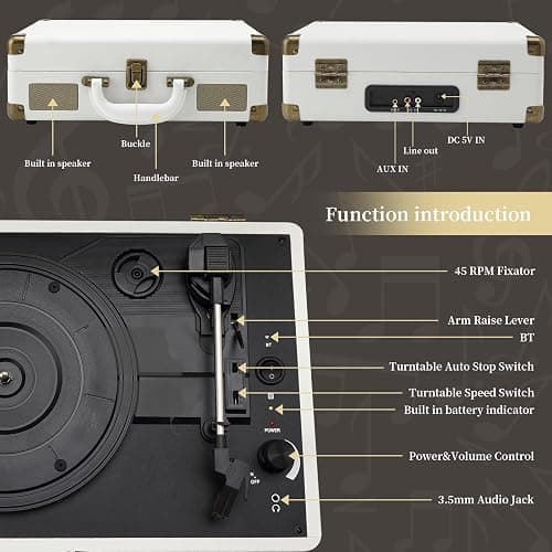 JORLAI Record Player 3 Speeds Turntable with Bluetooth Built-in Battery Stereo Speakers Vintage Record Player Belt Driven Portable Suitcase PC Recording White thumbnail 6