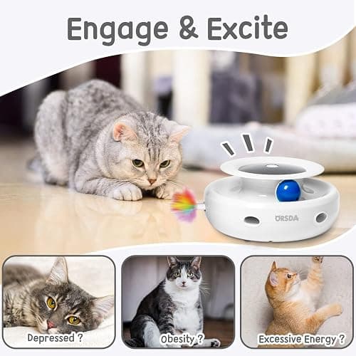 ORSDA 2in1 Interactive Toys for Indoor Cats, Timer Auto On/Off, Cat Toy Balls & Ambush Electronic Cat Mice Toy for Entertainment with 6pcs Feathers, Dual Power Supplies - Ivory White thumbnail 4