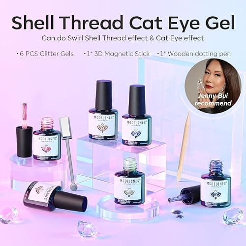 modelones Cat Eye Gel Nail Polish, 6 Colors Shimmer Pearl Magnetic Nail Drawing Set with Magnet, Iridescent Mermaid Swirl Shell Thread Purple Pink Blue Glitter, DIY Manicure Gift for Women Girl thumbnail 3
