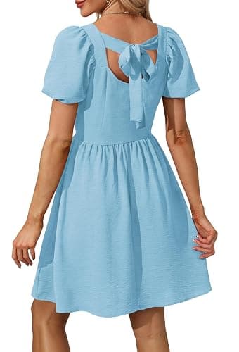 OFEEFAN Women Puff Sleeve Square Neck Tie in Back Dresses with Zipper thumbnail 5
