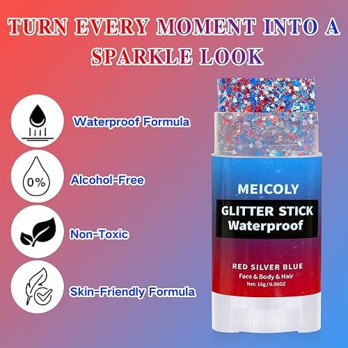 MEICOLY 4th of July Glitter Stick,Red White Blue Face Hair Glitter Stick with Star,Fourth of July Patriotic Accessories Outfits for Women,Soccer Softball Body Glitter Rave Makeup thumbnail 6
