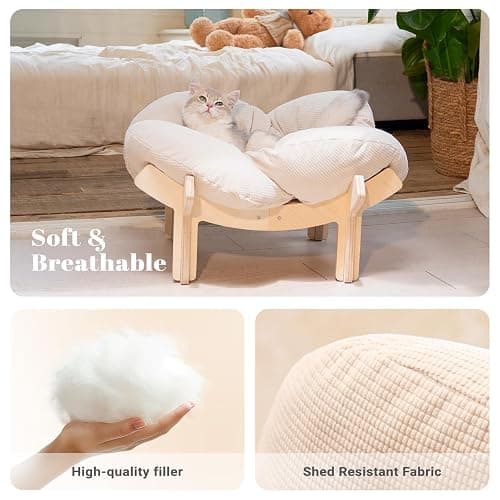 CHEERHOME PETS Elevated Cat Bed Wooden with Cushion Fluffy Pet Couch Sofa for Indoor Cats Raised Kitty Lounge Chair Suitable for Puppy, Cat Furniture(White) thumbnail 3