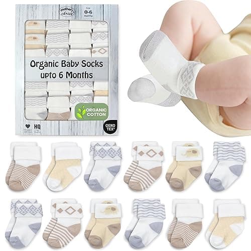 Mother's Choice Organic Cotton Baby Socks, 12 Pairs, Unisex 0-6 Months - Soft, Hypoallergenic Newborn & Infant Socks - Baby Girl & Boy Gifts, (12Pcs, Brown) - 0-6 Months - Brown