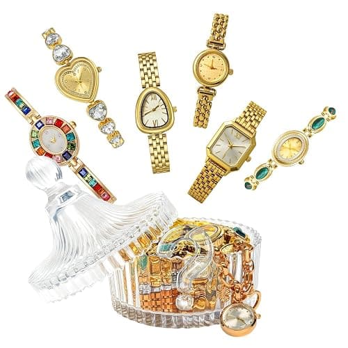 GZIXBDA 6 Pack Gold Watches for Women, Vintage Bracelet Watches with Round Oval Heart & Square Case Roman Dials Expansion Band Water Resistant - Image 1