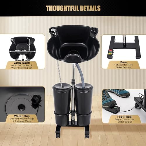 Portable Shampoo Bowl with Electric Pump and 2 Buckets, Hair Washing Station for Home & Barber Use, Mobile Hair Washing Sink, Height Adjustable, Black thumbnail 7