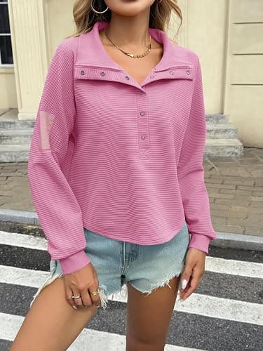 Fisoew Womens Cropped Sweatshirts Casual Henley Neck Snap Button Long Sleeve Ribbed Loose Fit Fall Crop Tops thumbnail 2