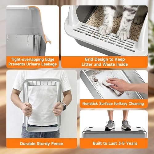 OneBug Stainless Steel High Sides Cat Litter Box with Scoop, Open Top Litter Pan for Indoor Cats, Easy to Clean, Reduced Litter Scatter, Medium thumbnail 7